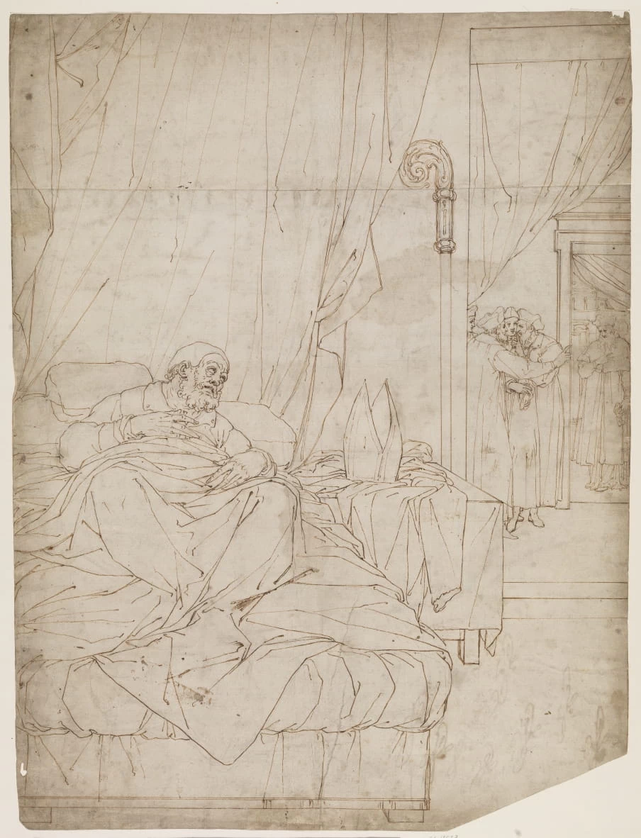 Il papa costretto a letto ascolta uomini che parlano in una stanza accanto - Statens Museum for Kunst